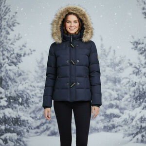 Ralph Lauren Navy Down Wool Puffer Faux Fur Hood Toggle Jacket Medium Winter